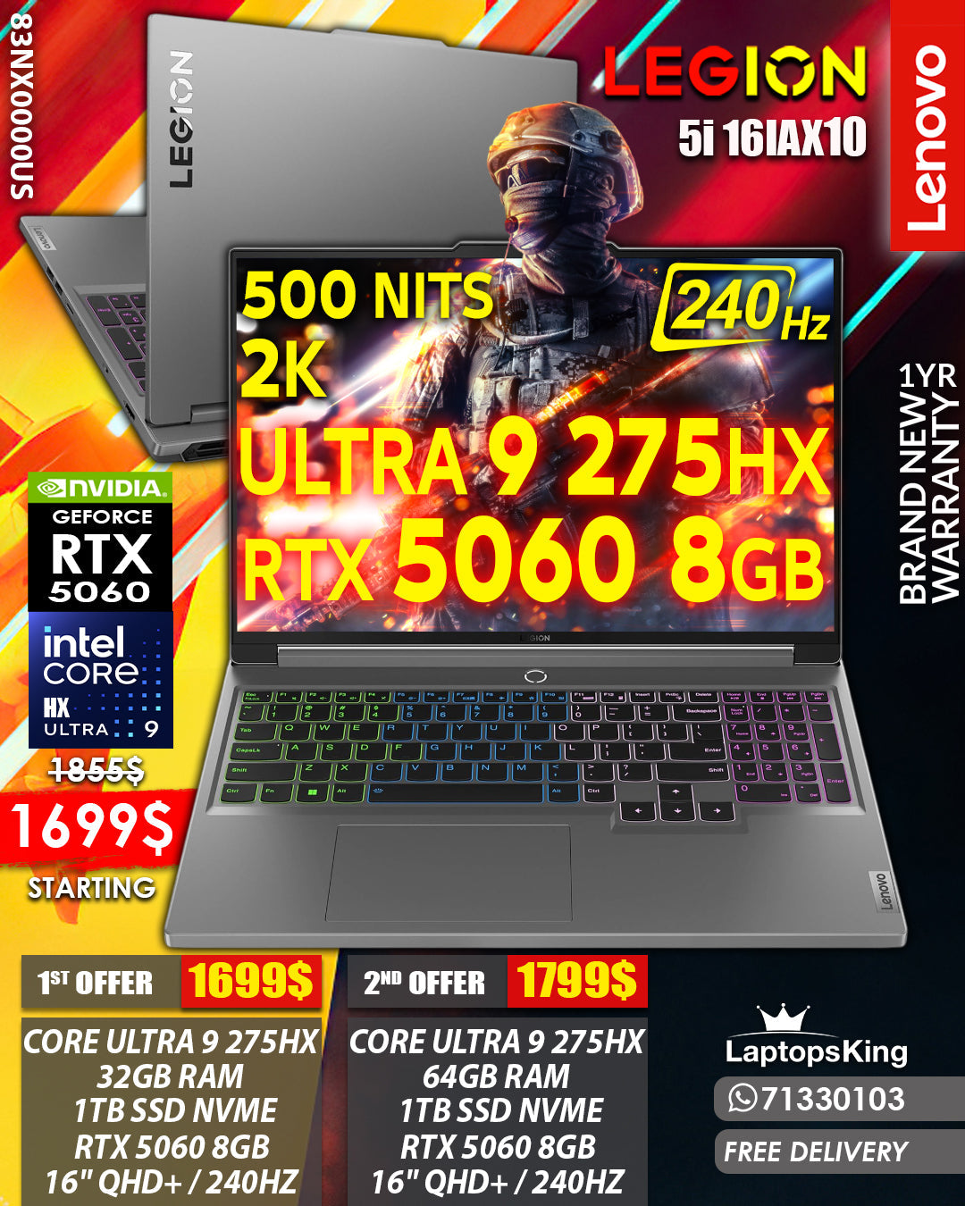 LENOVO LEGION 5i 16IAX10 83NX0000US ULTRA 9 275HX RTX 5060 240HZ GAMING LAPTOP (BRAND NEW 1YR WARRANTY)