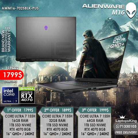 DELL ALIENWARE M16 R2 AWM16-7025BLK-PUS CORE ULTRA 7 155H RTX 4070 16" QHD+ 240HZ LAPTOPS (BRAND NEW)
