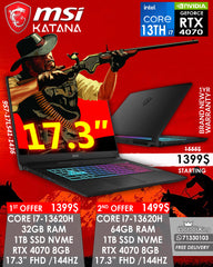MSI KATANA 9S7-17L541-1436 i7-13620H RTX 4070 17.3” FHD 144HZ GAMING LAPTOP (BRAND NEW 1YR WARRANTY)