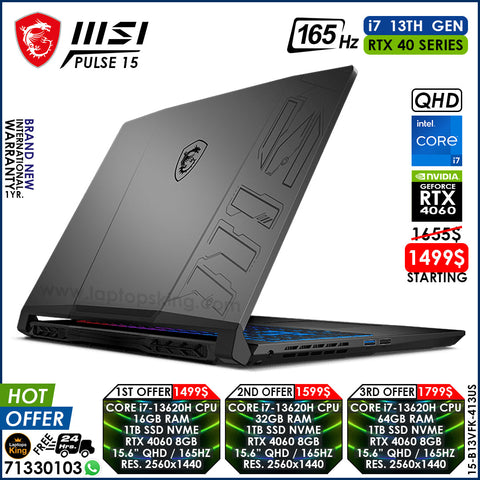 Msi Pulse 15 B13VFK-413US Core i7-13620h Rtx 4060 165hz Qhd Gaming Laptops (Brand New)