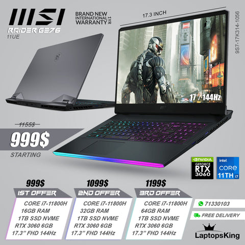 Msi Raider GE76 11UE 9S7-17K314-1056 Steelseries Core i7-11800h Rtx 3060 144hz 17.3" Gaming Laptops (Brand New)