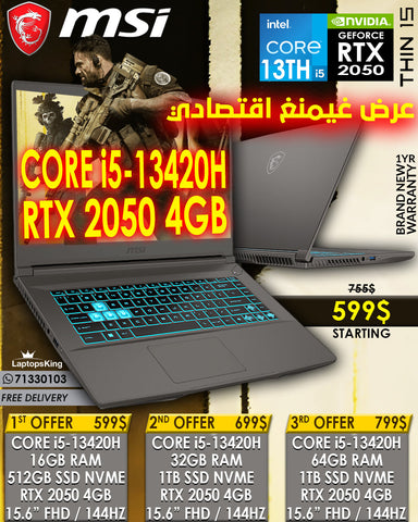 MSI THIN 15 CORE i5-13420H RTX 2050 15.6” IPS FHD GAMING LAPTOP (BRAND NEW 1YR WARRANTY