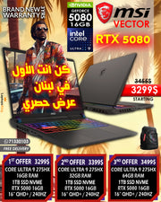 MSI VECTOR 16 HX AI A2XWIG CORE ULTRA 9 275HZ RTX 5080 16GB  16" QHD+ 240HZ LAPTOP OFFER (BRAND NEW)