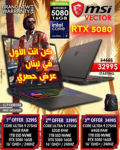 MSI VECTOR 16 HX AI A2XWIG CORE ULTRA 9 275HZ RTX 5080 16GB  16" QHD+ 240HZ LAPTOP OFFER (BRAND NEW)