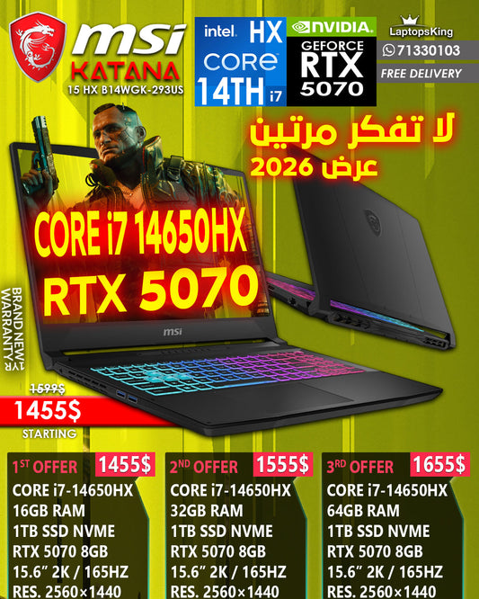 Msi Katana 15 HX B14WGK-293US CORE i7 14650HX RTX 5070 15.6" 165HZ GAMING LAPTOP(BRAND NEW 1YR WARRANTY)