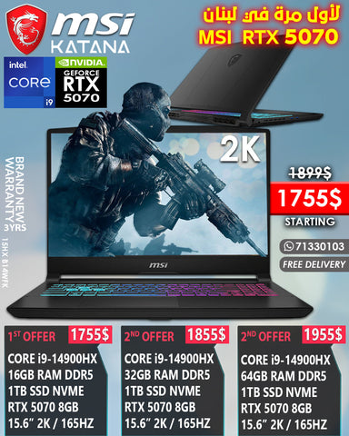 Msi Katana 15HX B14WFK  CORE i9 14TH RTX 5070 15.6" 165HZ GAMING LAPTOP(BRAND NEW 3YRS WARRANTY)