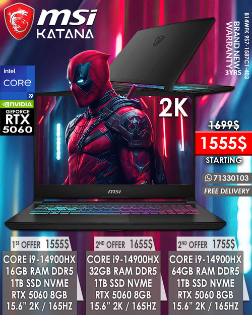 Msi Katana 15 B14WFK 9S7-1587C1-403 CORE i9 14TH RTX 5060 15.6" 165HZ GAMING LAPTOP(BRAND NEW 3YRS WARRANTY)