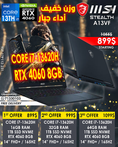 MSI STEALTH A13VF 9S7-17P112-231 CORE i7-13620H RTX 4060 14" FHD+ 165HZ GAMING LAPTOP (NEW OB 1YR WARRANTY)