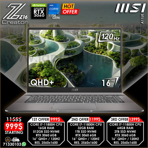 Msi Creator Z16 A11UE SteelSeries Core i7-11800h Rtx 3060 120hz Qhd+ 16" Laptop Offers (New)