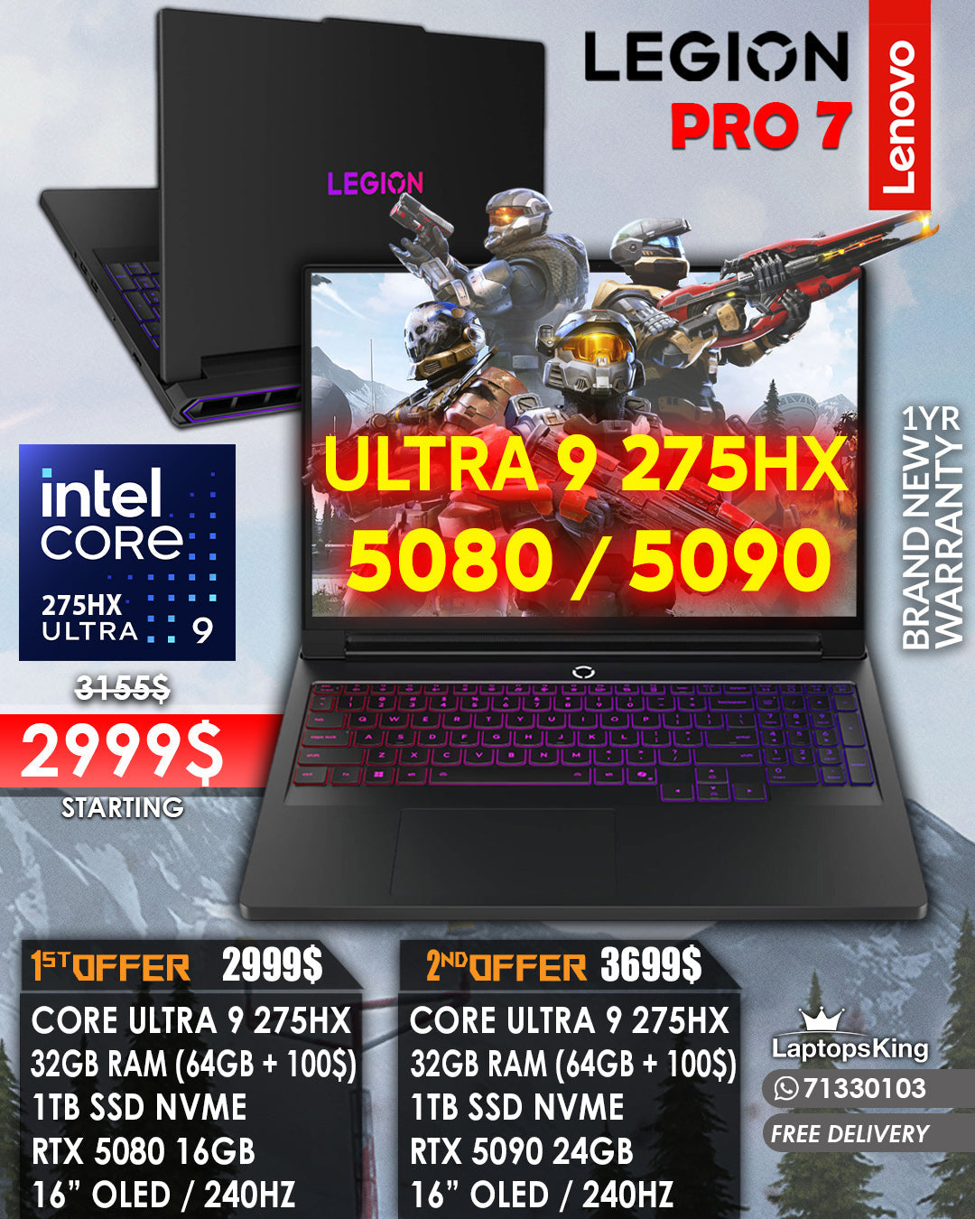 LENOVO LEGION PRO 7 16IAX10H ULTRA 9 275HX RTX 5080 / 5090 16” WQXGA OLED 240HZ GAMING LAPTOP (BRAND NEW 1YR WARRANTY)