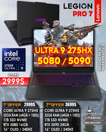LENOVO LEGION PRO 7 16IAX10H ULTRA 9 275HX RTX 5080 / 5090 16” WQXGA OLED 240HZ GAMING LAPTOP (BRAND NEW 1YR WARRANTY)