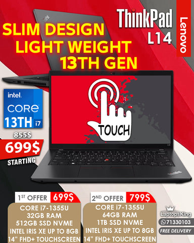 LENOVO THINKPAD L14 CORE i7-1355U INTEL IRIS XE UP TO 8GB 14” FHD+ LAPTOPS OFFERS (BRAND NEW 1YR WARRANTY)